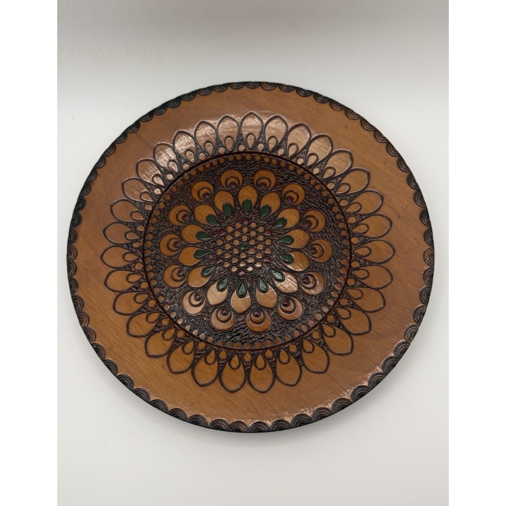 Vintage Polish Wood Pyrography Folk Art Plate – 8" Diameter